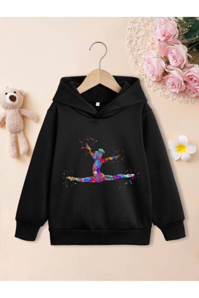 Black Hooded Sweatshirt with ''Ballet Dancer'' Print for Girls - 1