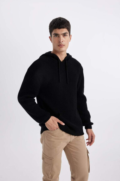 Black Hooded Tricot Sweater (Relax Fit) - 4