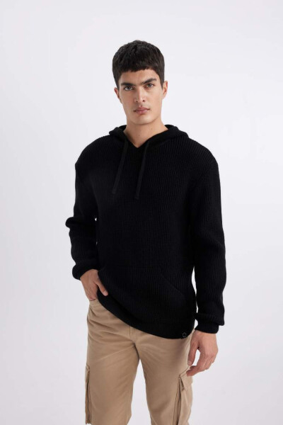 Black Hooded Tricot Sweater (Relax Fit) - 6