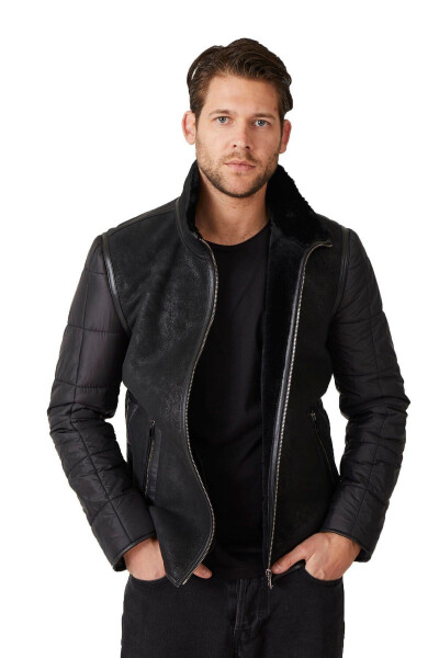 Black James Collar Fur Back Body and Sleeves Quilted Fabric Zipperless Unlined Men's Genuine Leather Jacket - 1