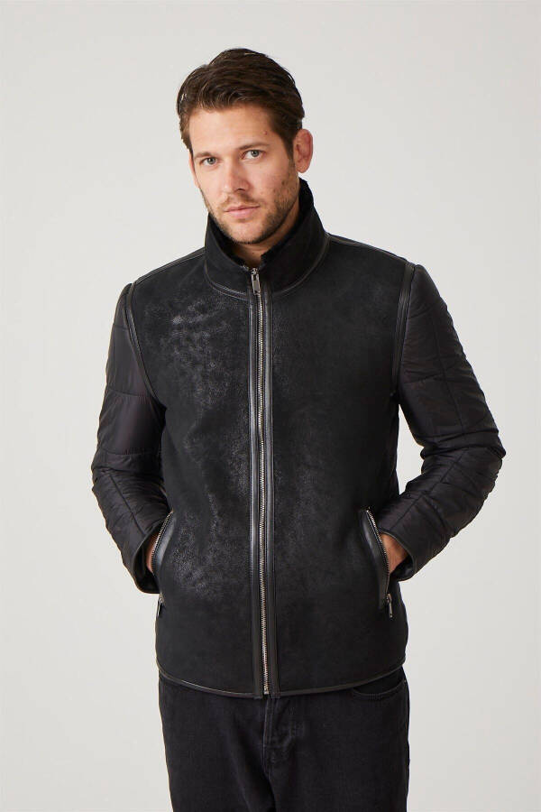 Black James Collar Fur Back Body and Sleeves Quilted Fabric Zipperless Unlined Men's Genuine Leather Jacket - 2