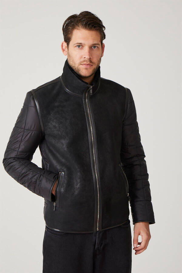 Black James Collar Fur Back Body and Sleeves Quilted Fabric Zipperless Unlined Men's Genuine Leather Jacket - 3