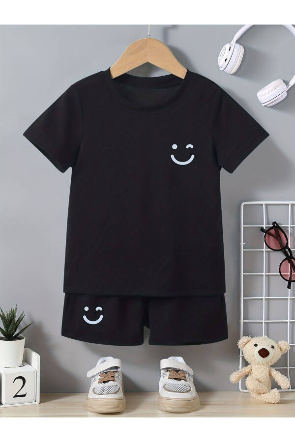 Black Kids Shorts T-shirt Set with Emoji Smiling Face Print - 1