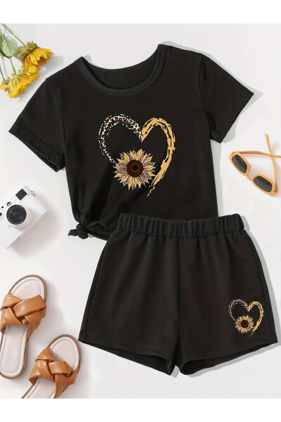 Black Kids Shorts T-Shirt Top Set with Daisy Heart Print - 1