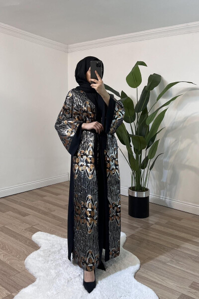 Black Kimono with Crystal Embroidered Design - 1