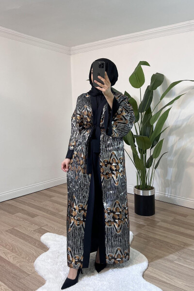 Black Kimono with Crystal Embroidered Design - 9