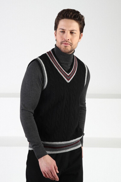 Black Knit Pattern V-Neck Wool Men's Sweater - 1