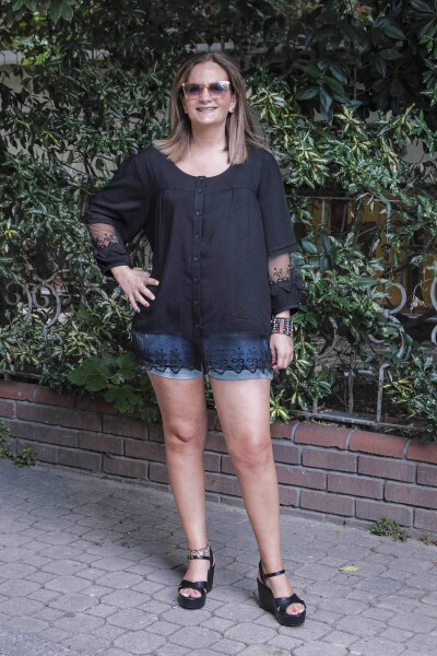 Black Lace Detail Plus Size Shirt Blouse - 1