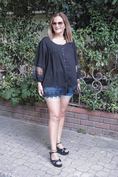 Black Lace Detail Plus Size Shirt Blouse - 2