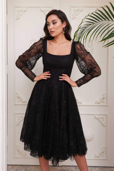 Black Lace Square Neck Engagement Dress - 1