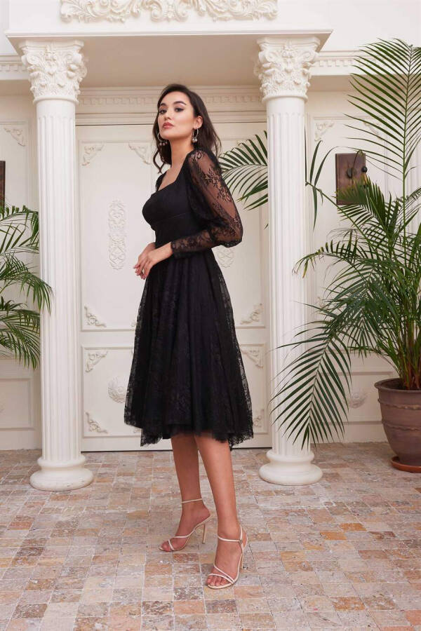 Black Lace Square Neck Engagement Dress - 4