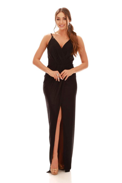 Black Lacquered Chiffon V-Neck Slit Evening Dress - 1