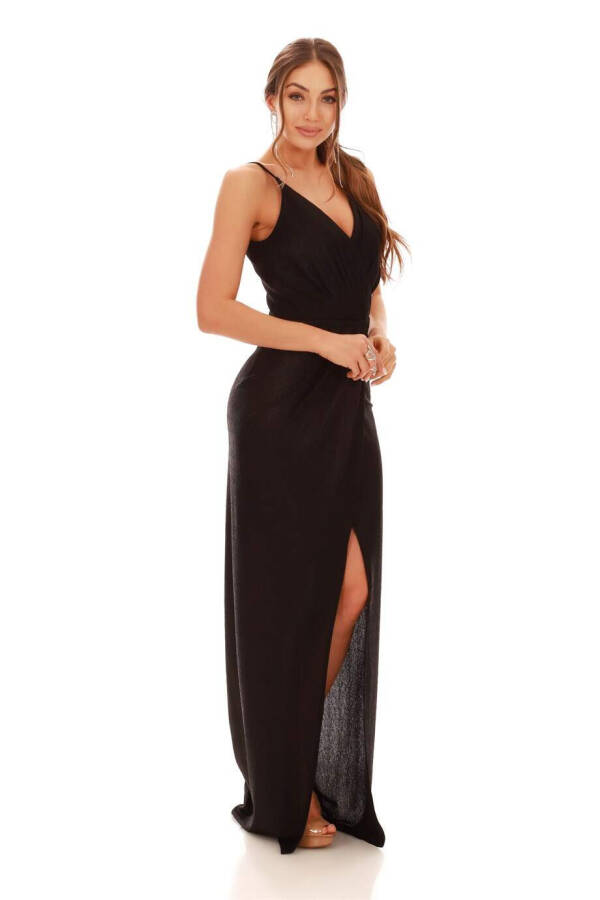 Black Lacquered Chiffon V-Neck Slit Evening Dress - 3