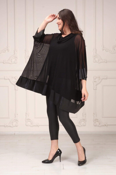 Black Large Size Tunic with Leather and Tulle Skirt - 4