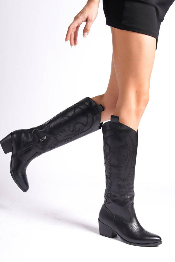 Black leather, embroidered zippered long women's cowboy boots - 1