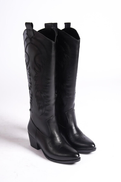 Black leather, embroidered zippered long women's cowboy boots - 4