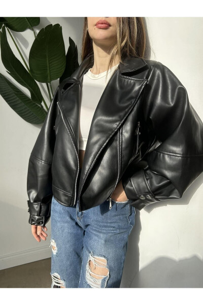 Black Leather Jacket with Balloon Sleeves - 9