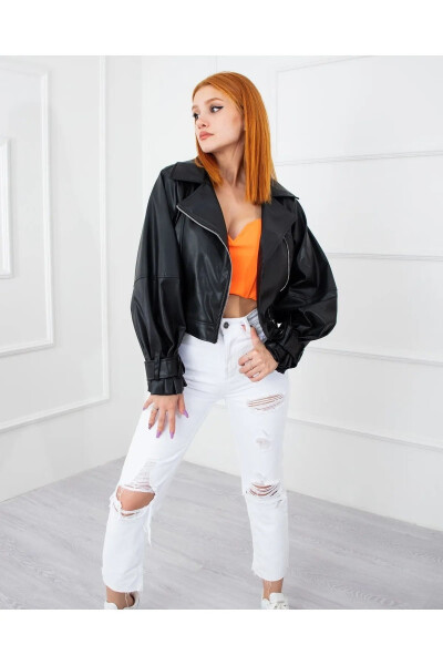 Black Leather Jacket with Balloon Sleeves - 3