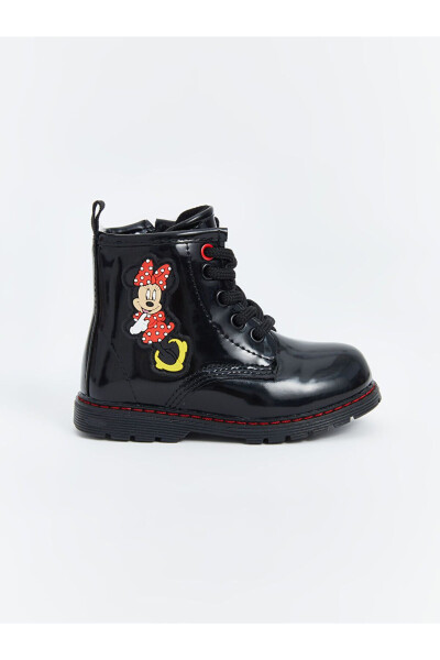 Black leather look Minnie Mouse printed baby girl boots. - 2