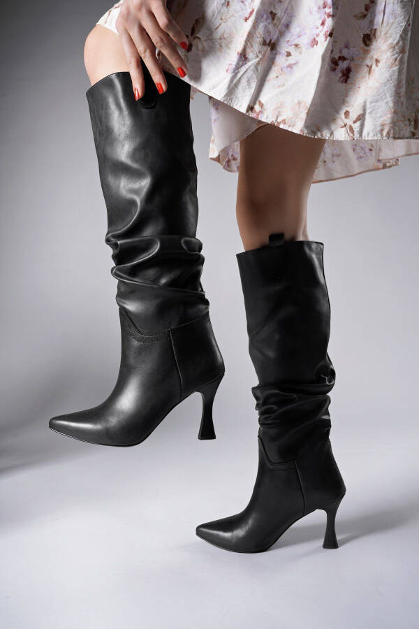 Black Leather Women's High Heel Boots 00128511 - 4