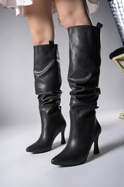 Black Leather Women's High Heel Boots 00128511 - 5