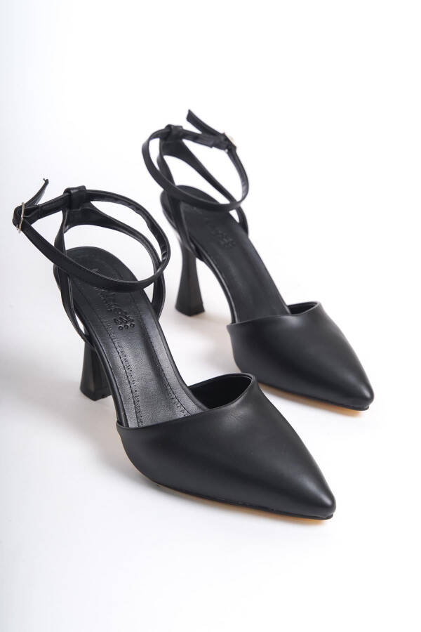 Black Leather Women's High Heel Shoes Pointed Toe Buckle - 6