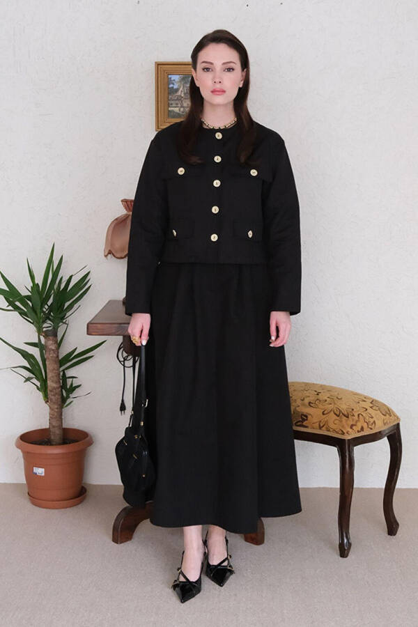 Black Linen Skirt Suit with Pocket Detail - 1