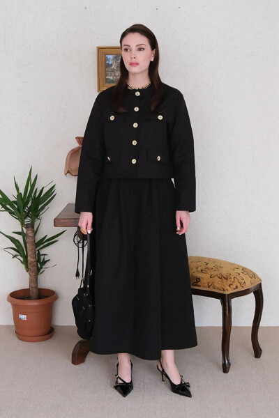 Black Linen Skirt Suit with Pocket Detail - 2