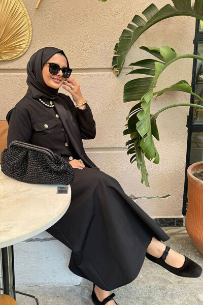 Black Linen Skirt Suit with Pocket Details - 1