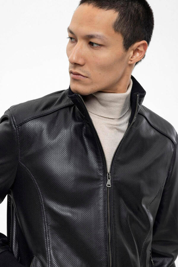 Black Matte Collar Sleeve And Waist Ribbed Lined Zippered Perforated Genuine Leather Jacket - 1