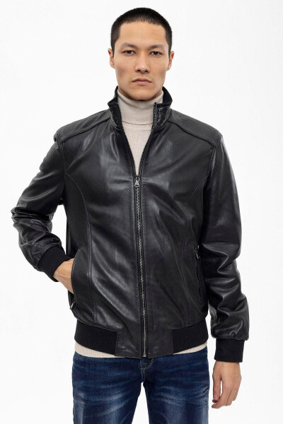 Black Matte Collar Sleeve And Waist Ribbed Lined Zippered Perforated Genuine Leather Jacket - 3