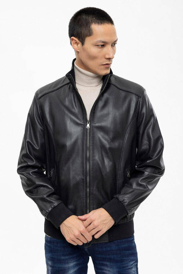 Black Matte Collar Sleeve And Waist Ribbed Lined Zippered Perforated Genuine Leather Jacket - 4