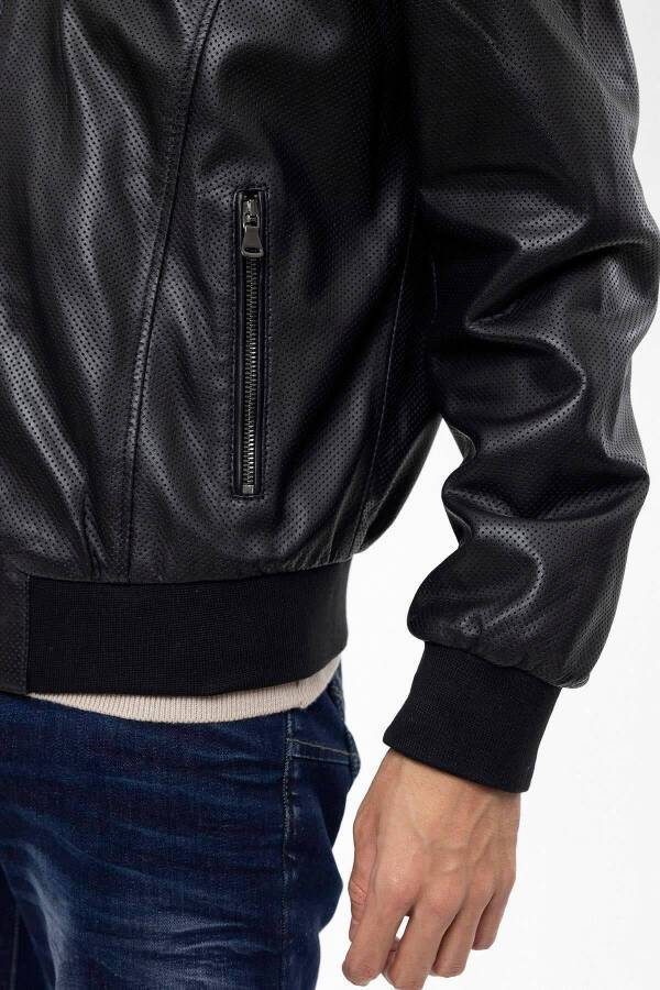 Black Matte Collar Sleeve And Waist Ribbed Lined Zippered Perforated Genuine Leather Jacket - 6