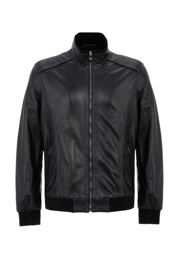 Black Matte Collar Sleeve And Waist Ribbed Lined Zippered Perforated Genuine Leather Jacket - 7