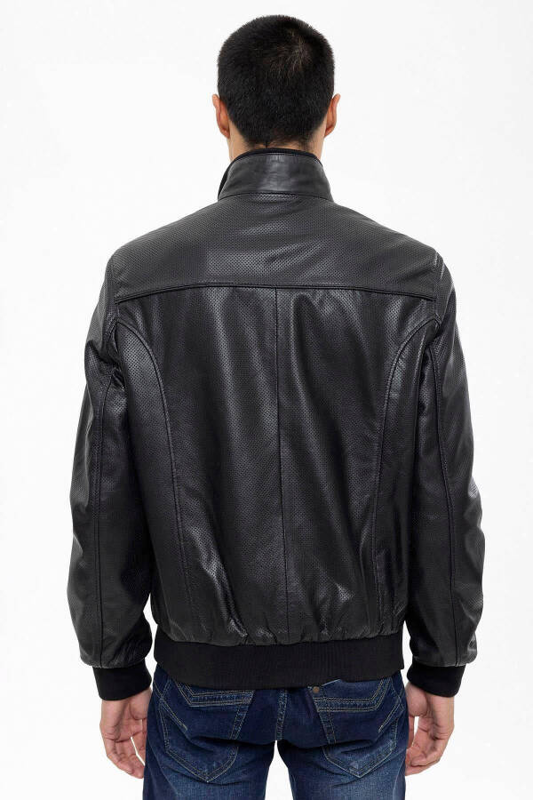 Black Matte Collar Sleeve And Waist Ribbed Lined Zippered Perforated Genuine Leather Jacket - 8