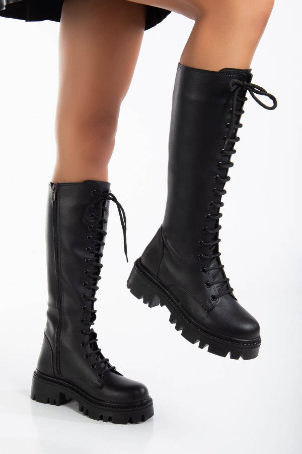 Black matte leather lace-up ankle boots. - 2