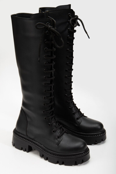 Black matte leather lace-up ankle boots. - 4