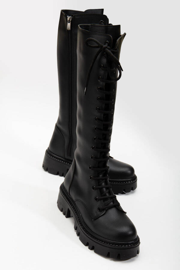 Black matte leather lace-up ankle boots. - 5