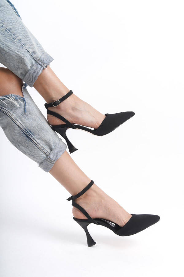 Black Matte Women's Heeled Shoes Pointed Toe Buckle - 12