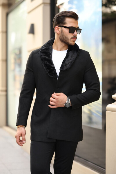 Black men's slim fit fur-lined cashmere coat - 2