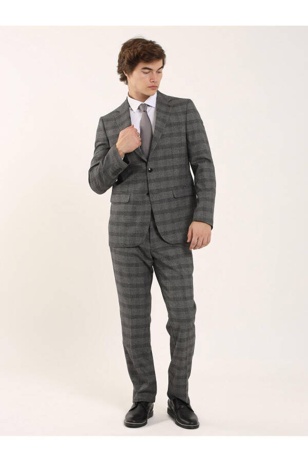 Black Men's Slim Fit Plaid Casual Single-Breasted Suit - 93156 - 9