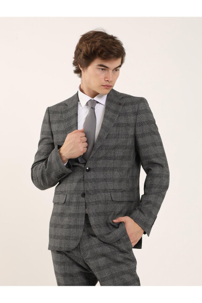 Black Men's Slim Fit Plaid Casual Single-Breasted Suit - 93156 - 1