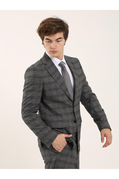 Black Men's Slim Fit Plaid Casual Single-Breasted Suit - 93156 - 2