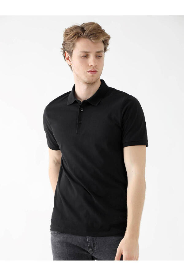 Black Men's Slim Fit Plain Polo T-Shirt - 2