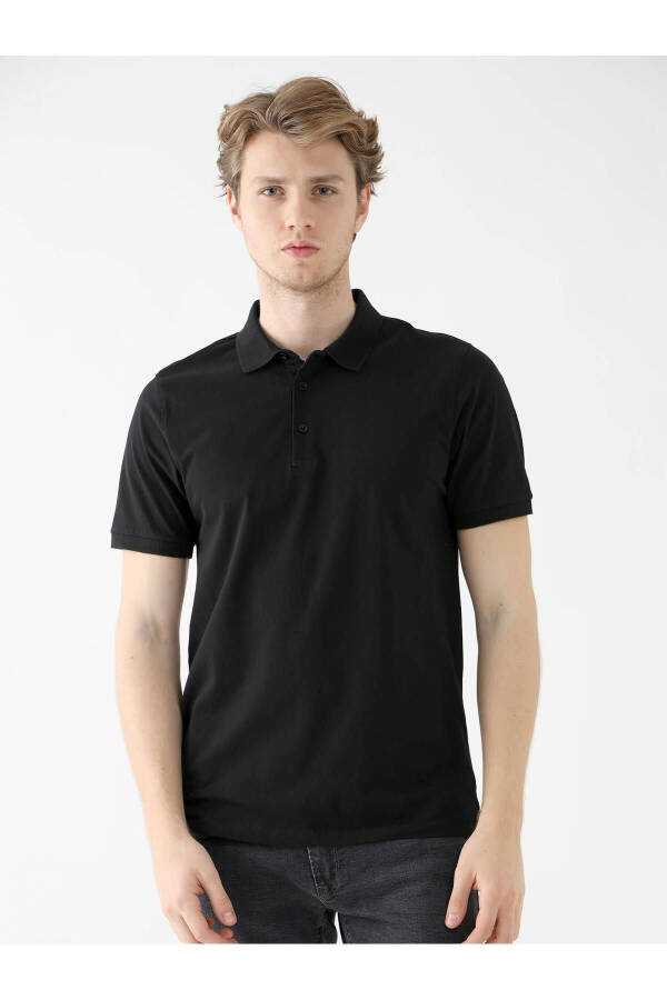 Black Men's Slim Fit Plain Polo T-Shirt - 4