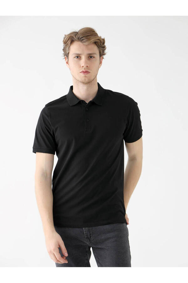 Black Men's Slim Fit Plain Polo T-Shirt - 5