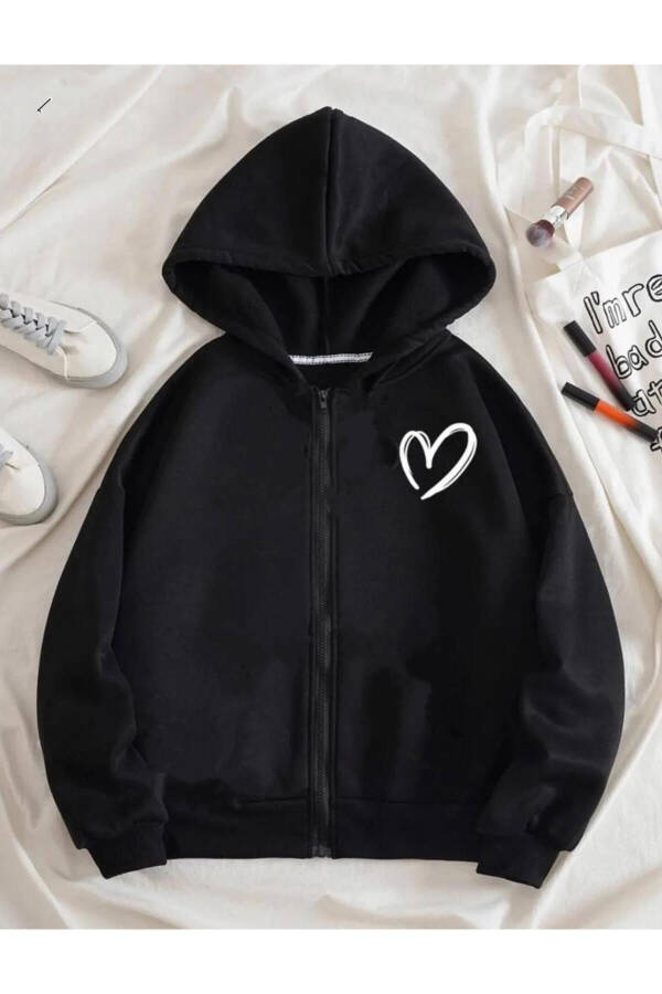 Black Minimal Heart Printed Kids Hoodie - 5