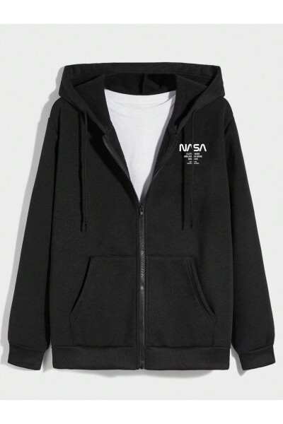 Black NASA printed hooded sweatshirt with zipper. - 1