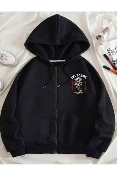 Black No Fears Front-Back Printed Kids Hoodie - 2