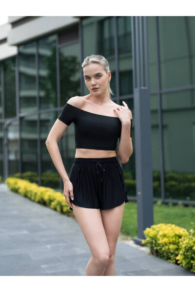 Black Off-Shoulder Short Sleeve Sports T-shirt (Sports Bra) - 14